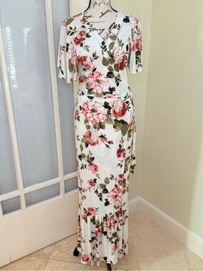 Awoo White Pink Floral Wrap Maxi Dress Size M EUC